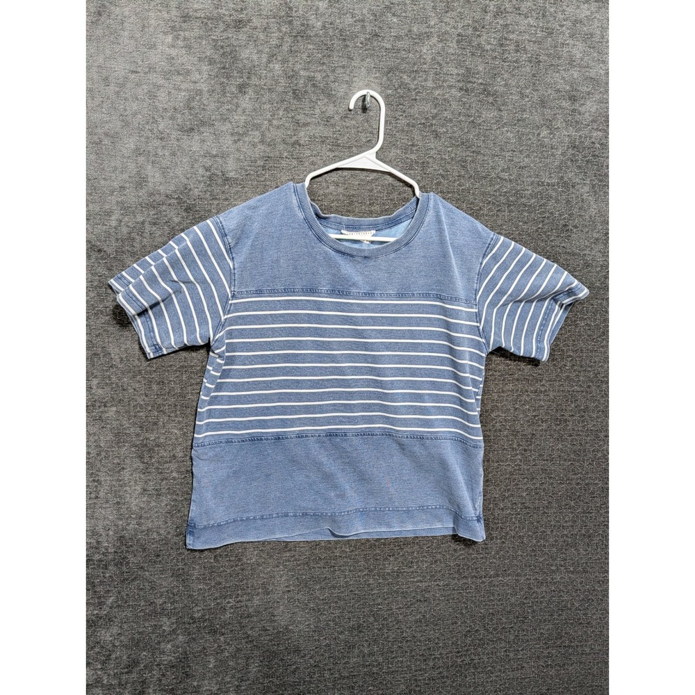 Jane + Delancey Womens Medium Blue White Striped Short Sleeve Boxy Crew Neck Top
